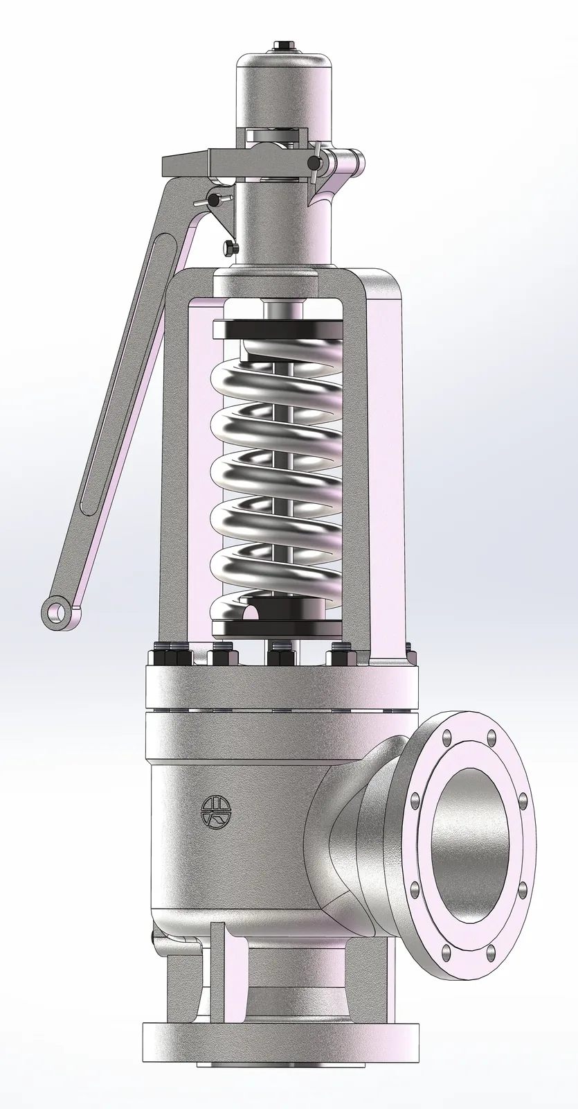 3D rendering of the LFGS steam-service safety valve with the spring in an open yoke, a lifting lever, and flanged inlet and outlet