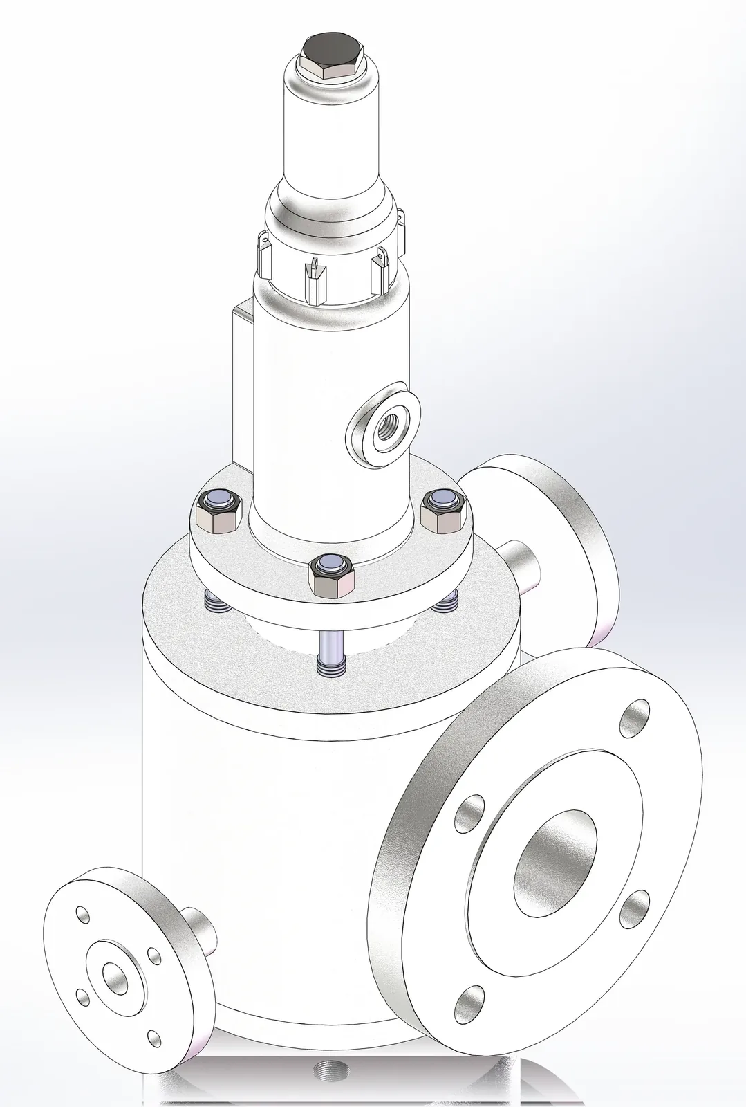 3D rendering of the LFNJ jacketed pressure relief valve with the jacket around the body, flanged inlet and outlet, and small jacket connections