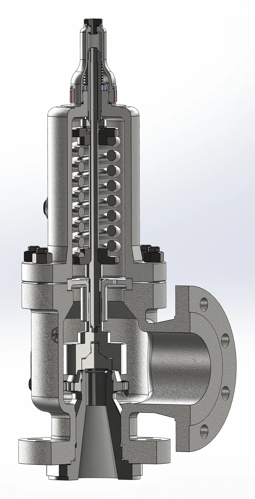 Cutaway rendering of the LFO spring-loaded pressure relief valve showing the spring, spindle, disc, nozzle, and flanged inlet and outlet