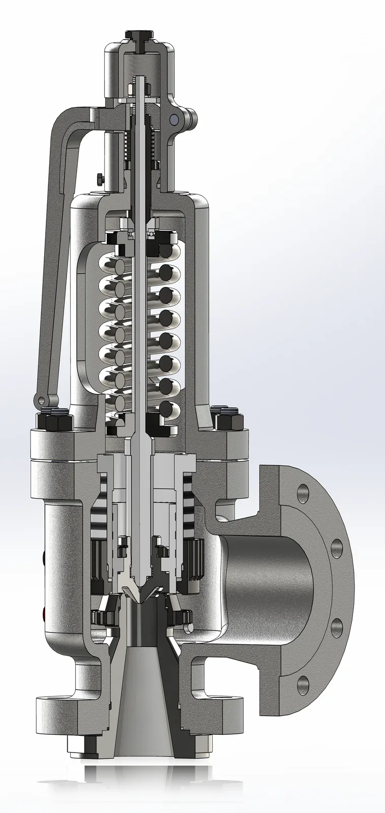 Cutaway rendering of a spring-loaded pressure relief valve with lifting lever, showing the spring, spindle, disc holder, disc, nozzle, and flanges