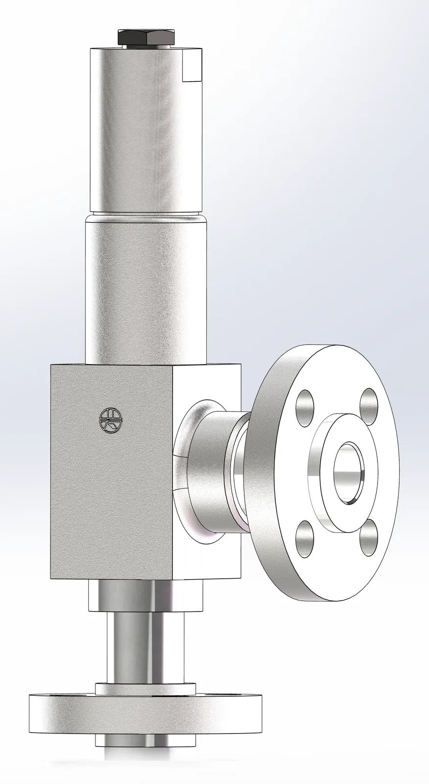3D rendering of the LFXY small-orifice relief valve with flanged inlet at the bottom and flanged outlet at the side