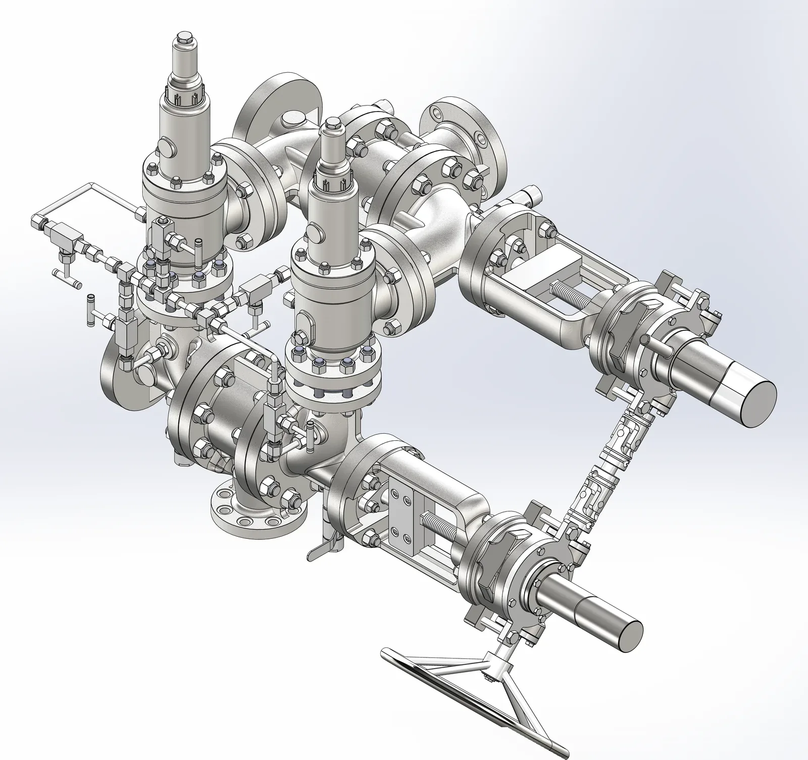 3D rendering of a double changeover valve assembly with two relief valves between linked inlet and outlet changeover valves