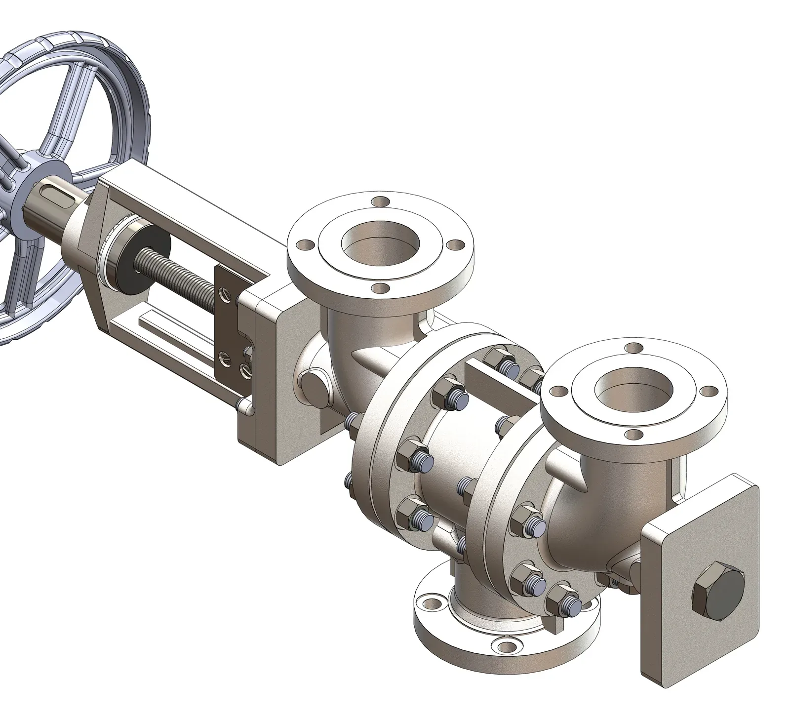 3D rendering of a single changeover valve with handwheel, an inlet flange at the bottom, and two upper flanges for the relief valves