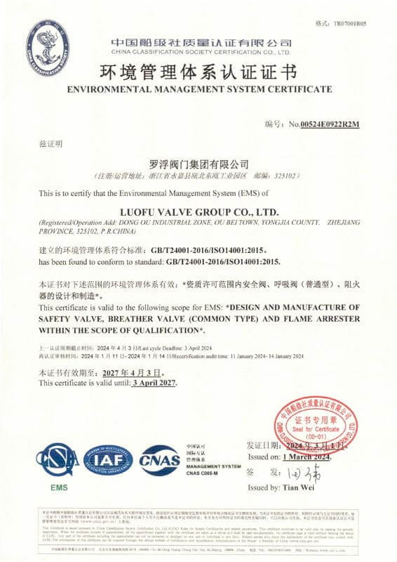 ISO 14001:2015 environmental management system certificate