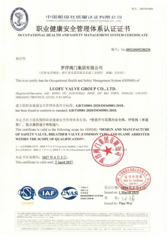 ISO 45001:2018 occupational health and safety management system certificate