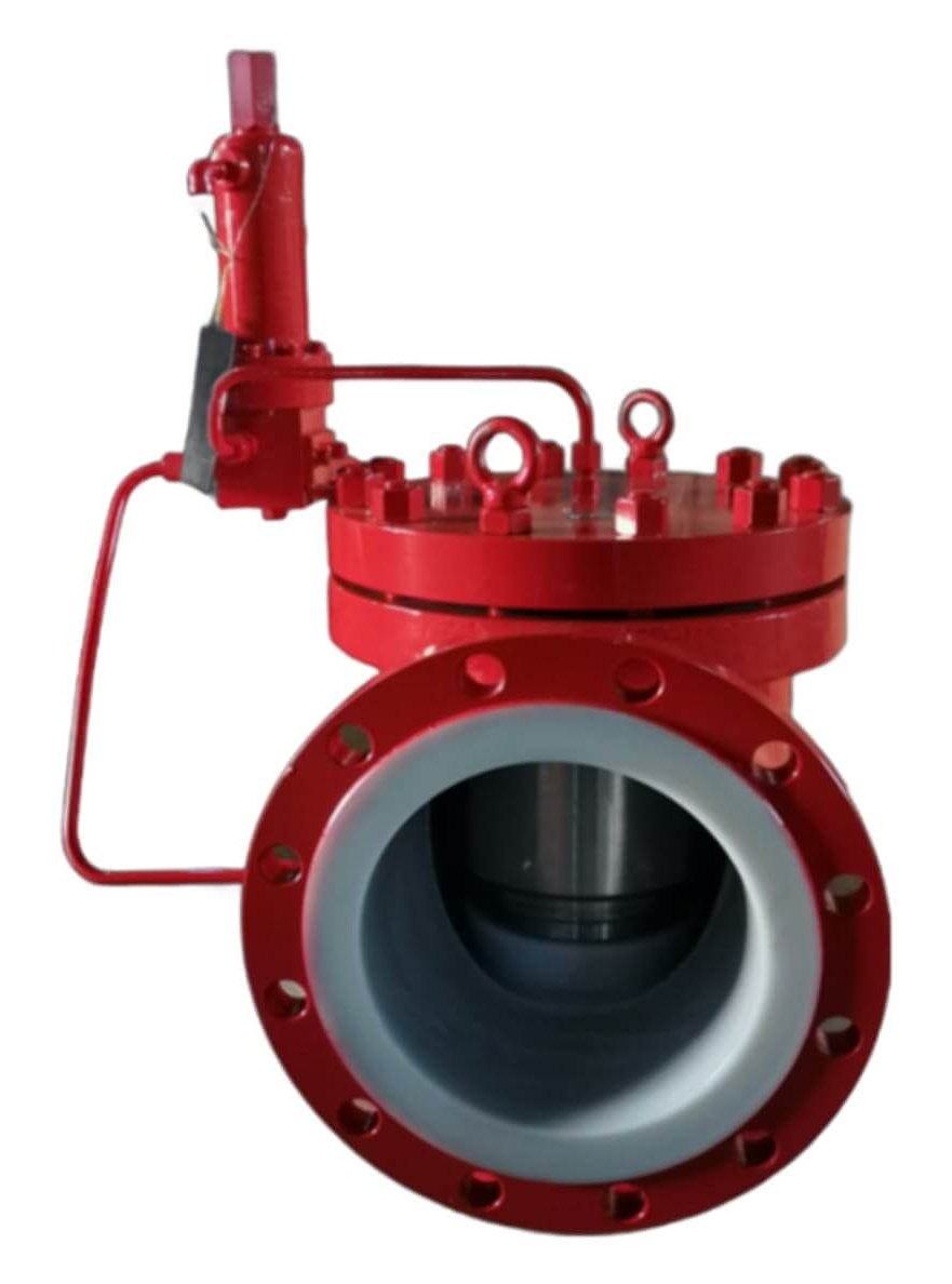 Red lined pressure relief valve with a pilot valve and tubing at the side and the grey lining visible inside the outlet flange