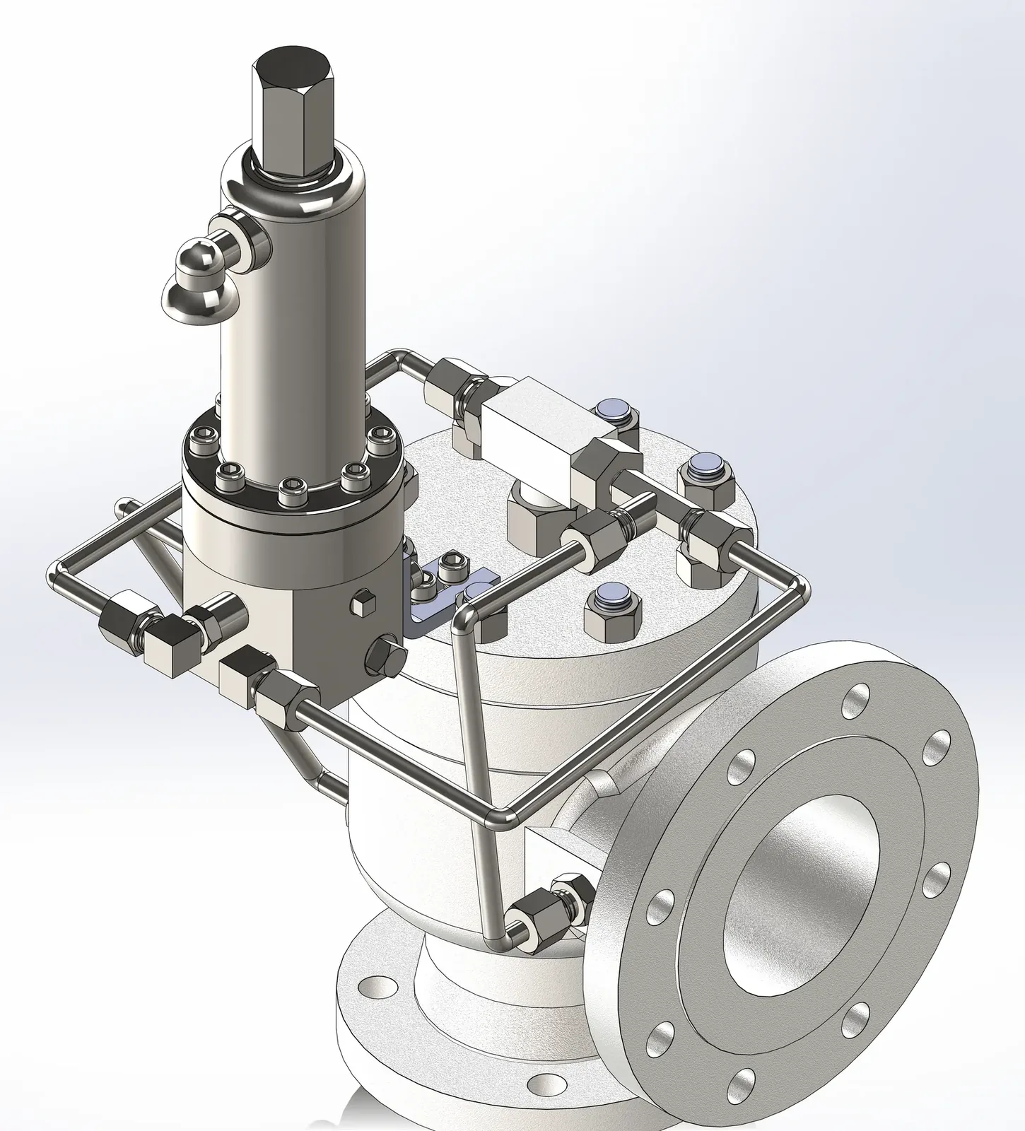 3D rendering of the LFXD pilot-operated pressure relief valve with the pilot valve on top of the main valve, tubing between them, and flanged inlet and outlet