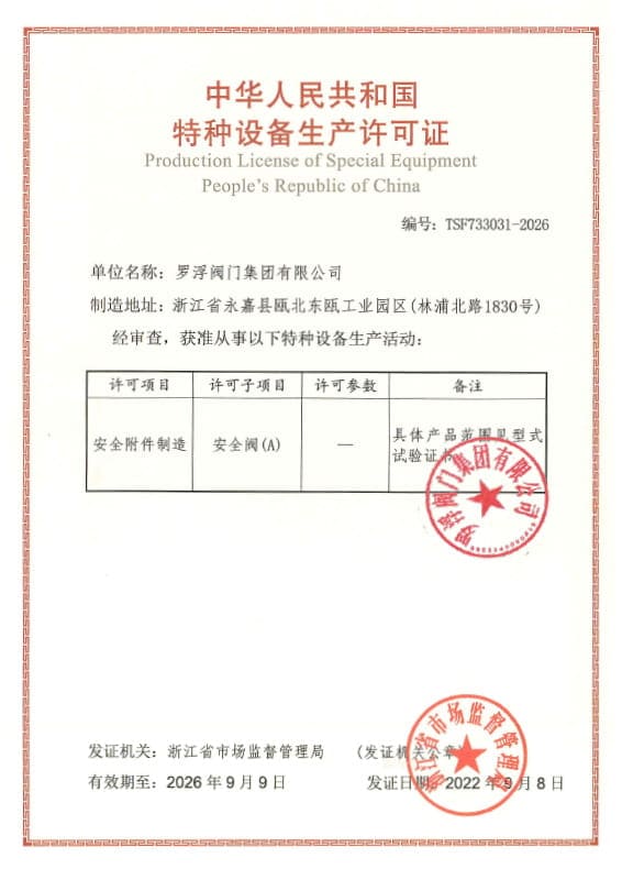 China TS manufacturing license for special equipment, safety valves