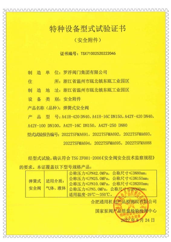 Type test certificate, spring-loaded safety valve, gas and liquid