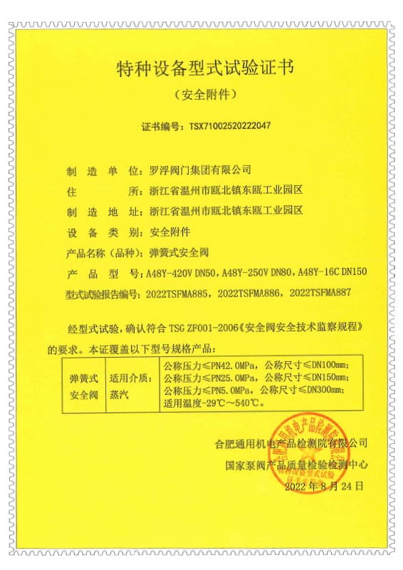 Type test certificate, spring-loaded safety valve, steam